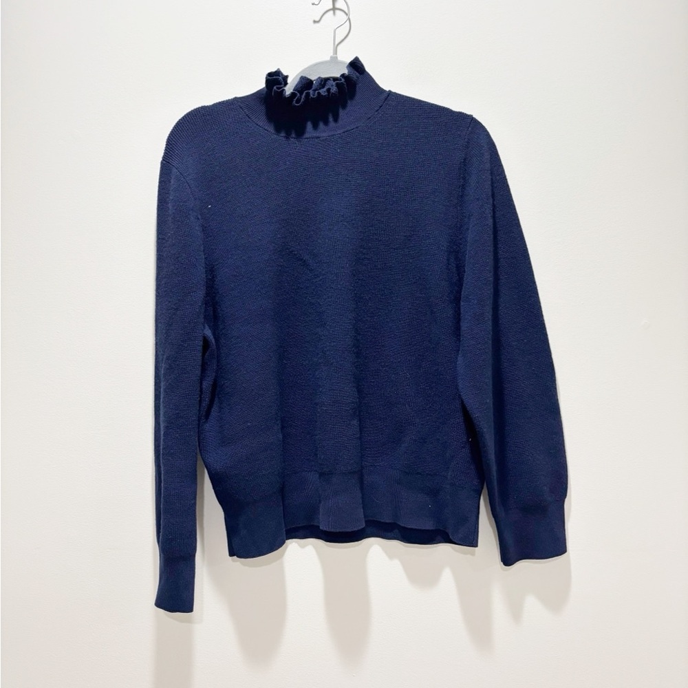 J. Crew Dark Navy Ruffled Turtleneck Sweater Merino Wool Blend Size 2X
